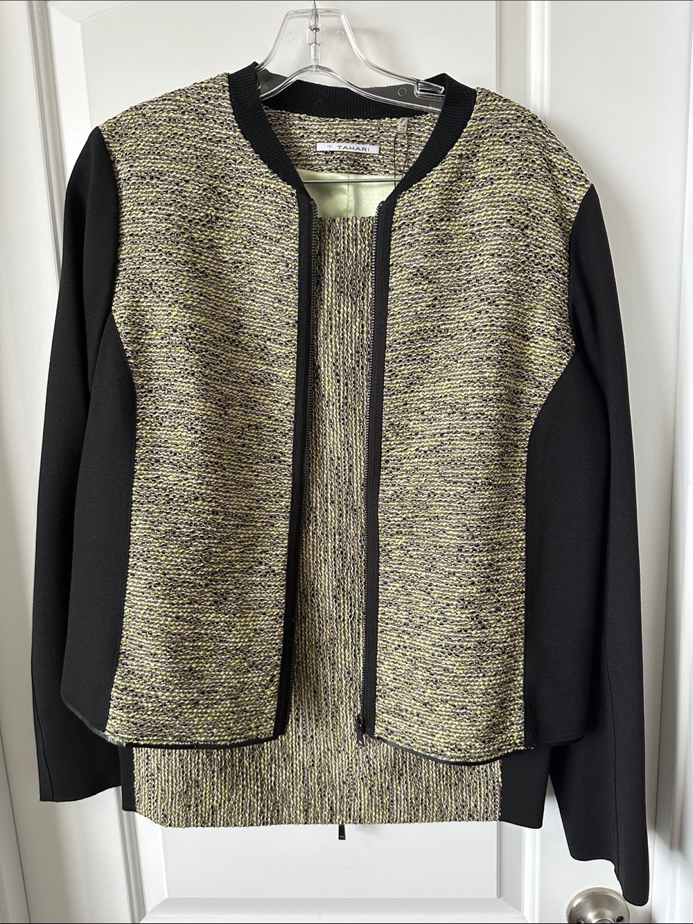 Tahari Black and Olive Tweed Open-Front Blazer Jacket